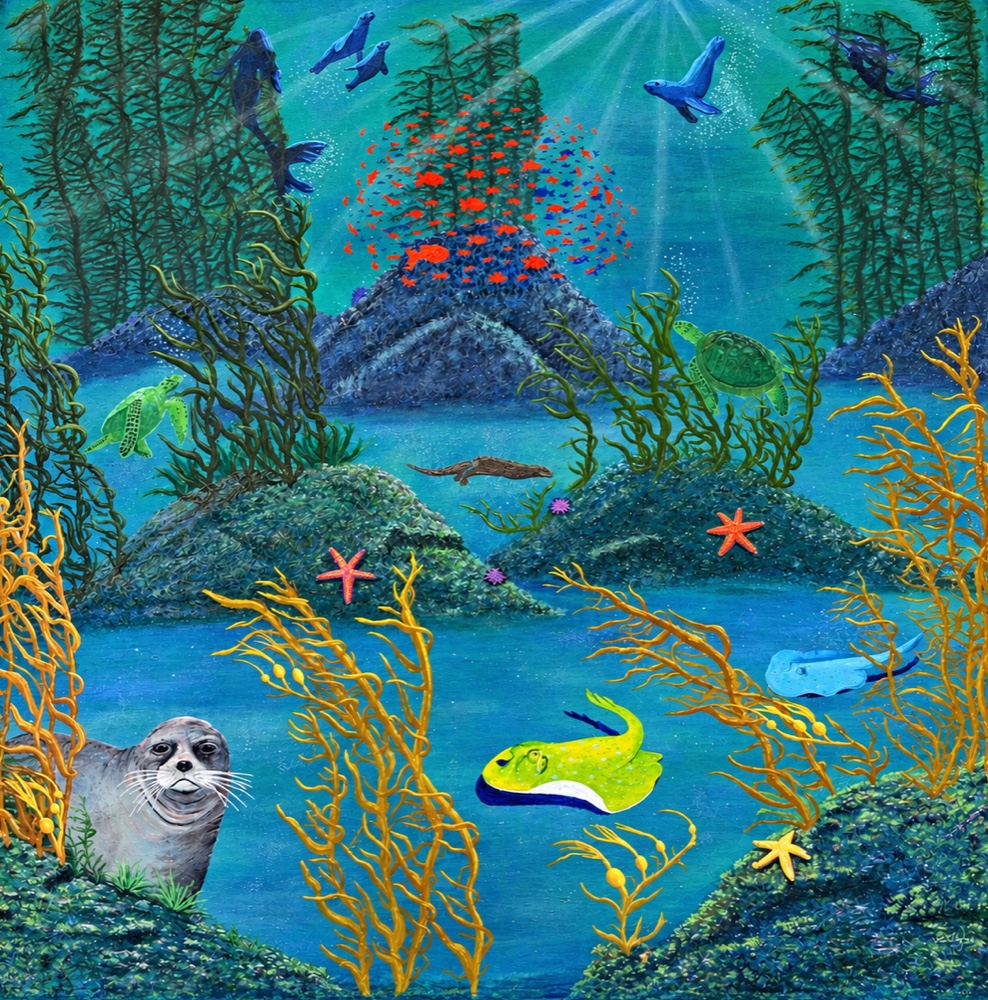 Under the Sea — kelp forest painting with seals, sea turtles, rays and starfish